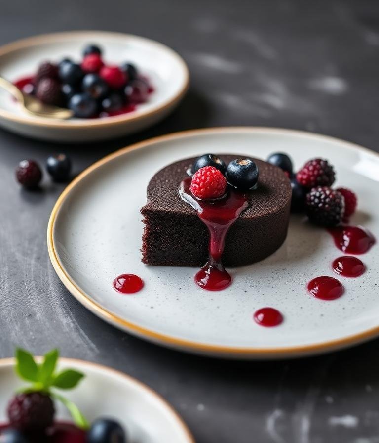 Pastel de cacao sin harina con compota de frutos rojos
