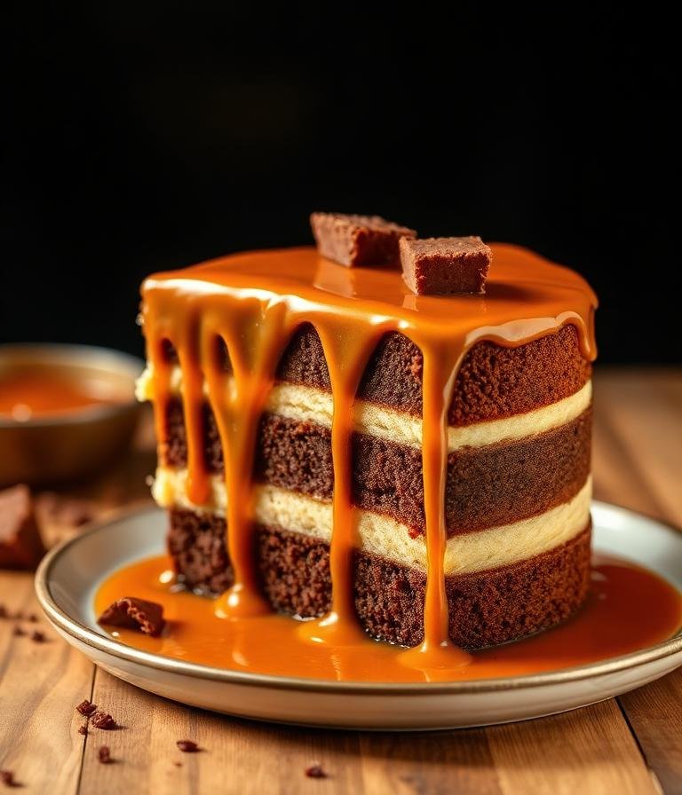 Pastel tres leches dorado con caramelo escurriendo